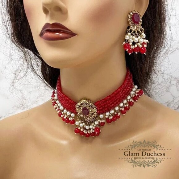Brand New Indian Wedding Choker Necklace Earrings Red Jewelry Set - Picture 3 of 3